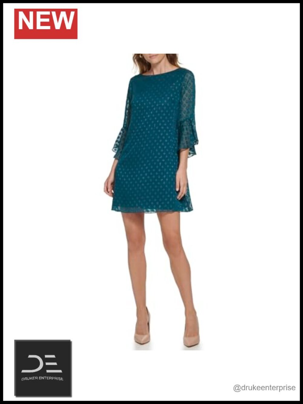 Jessica Howard 3/4 Sleeve Boat Neck Textured Chiffon Shift Mini Dress